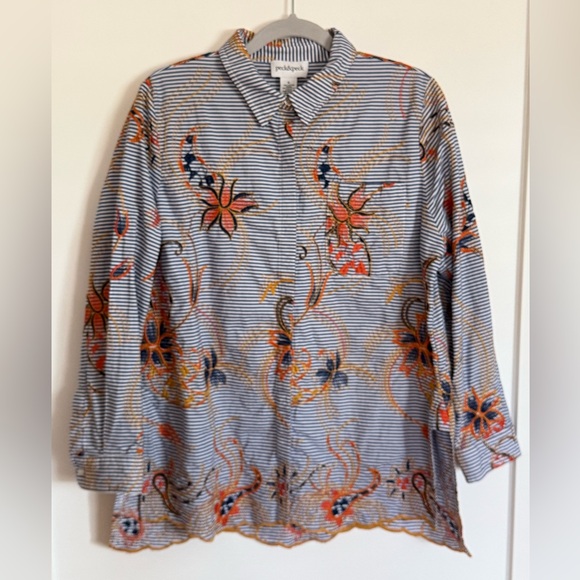 S37 Peck & Peck Size XL Blue Striped Embroidered Button Down - Picture 1 of 7